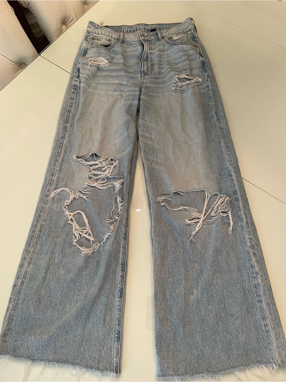 American Eagle Outfitters Light Blue Distressed Wide-Leg Jeans